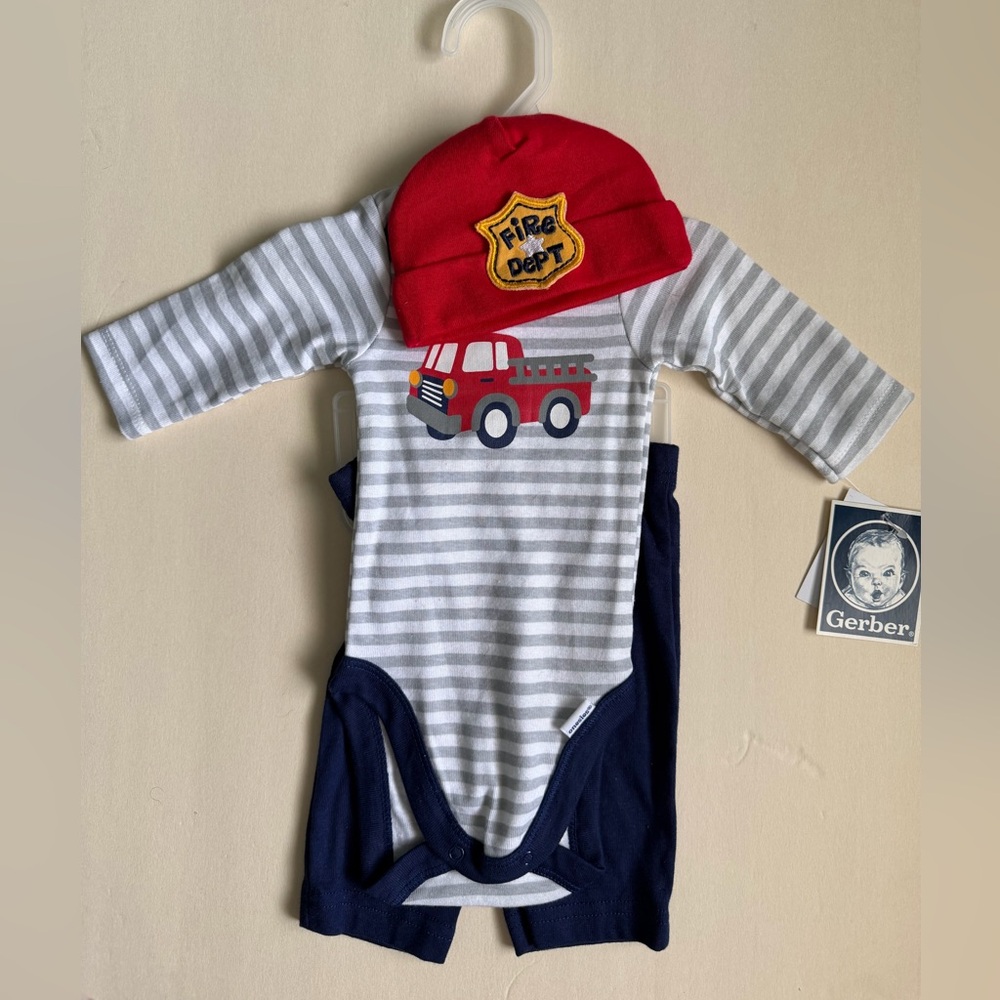 Gerber Newborn Striped Bodysuit Set with Fire Truck and Red Hat